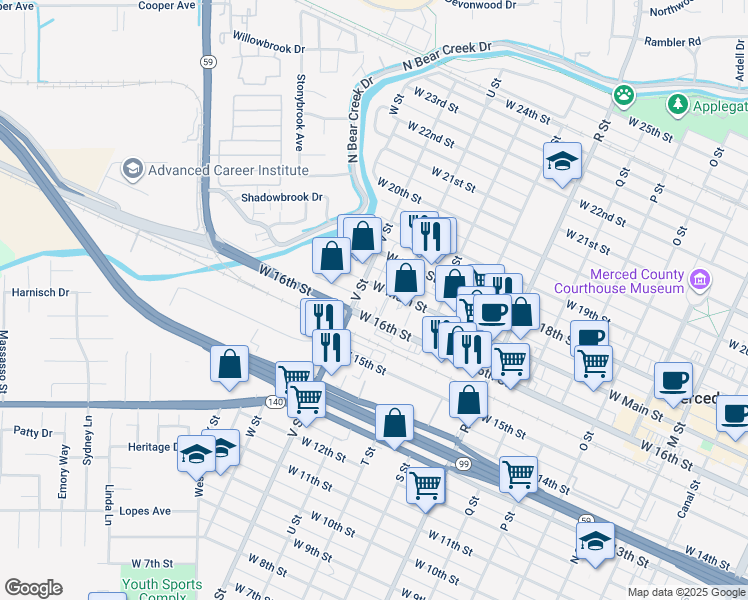 map of restaurants, bars, coffee shops, grocery stores, and more near 1450 West Main Street in Merced