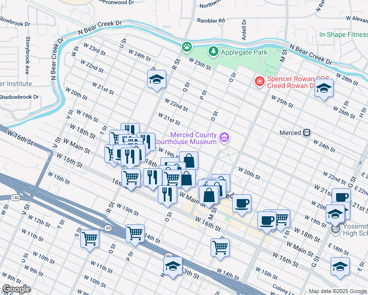 map of restaurants, bars, coffee shops, grocery stores, and more near 852 West 20th Street in Merced