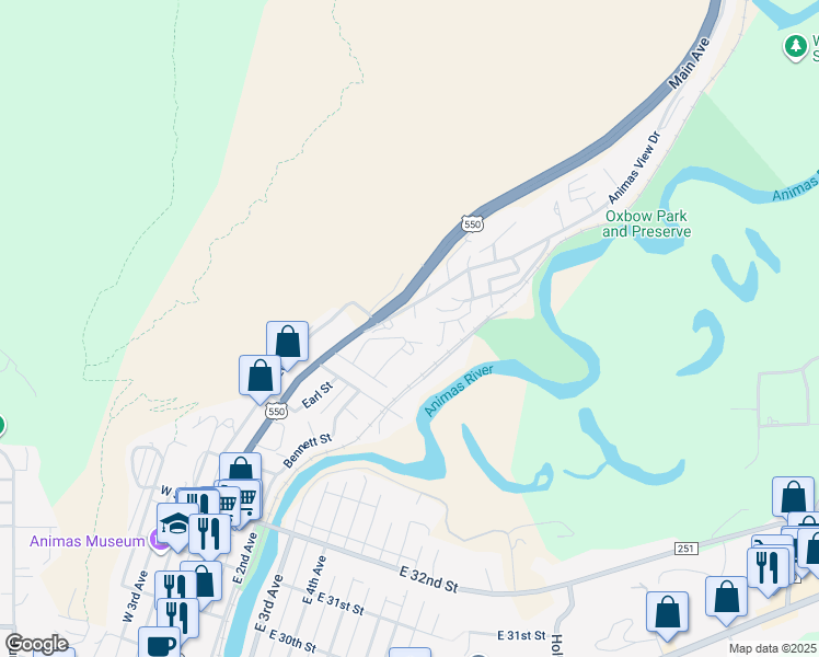 map of restaurants, bars, coffee shops, grocery stores, and more near 98 Animas View Drive in Durango