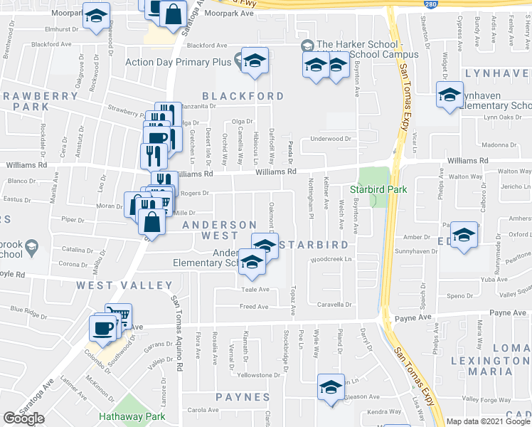 map of restaurants, bars, coffee shops, grocery stores, and more near 1082 Oakmont Drive in San Jose