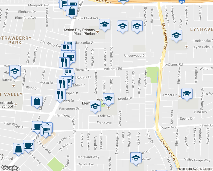 map of restaurants, bars, coffee shops, grocery stores, and more near 1075 Roewill Drive in San Jose
