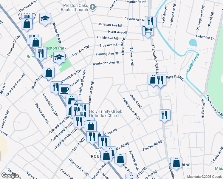 map of restaurants, bars, coffee shops, grocery stores, and more near 233 Huntington Boulevard Northeast in Roanoke