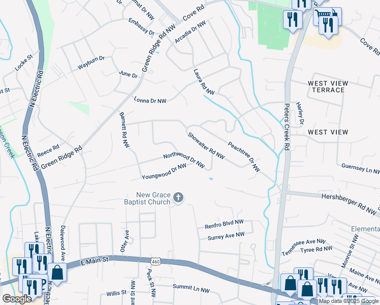 map of restaurants, bars, coffee shops, grocery stores, and more near 4826 Showalter Road Northwest in Roanoke