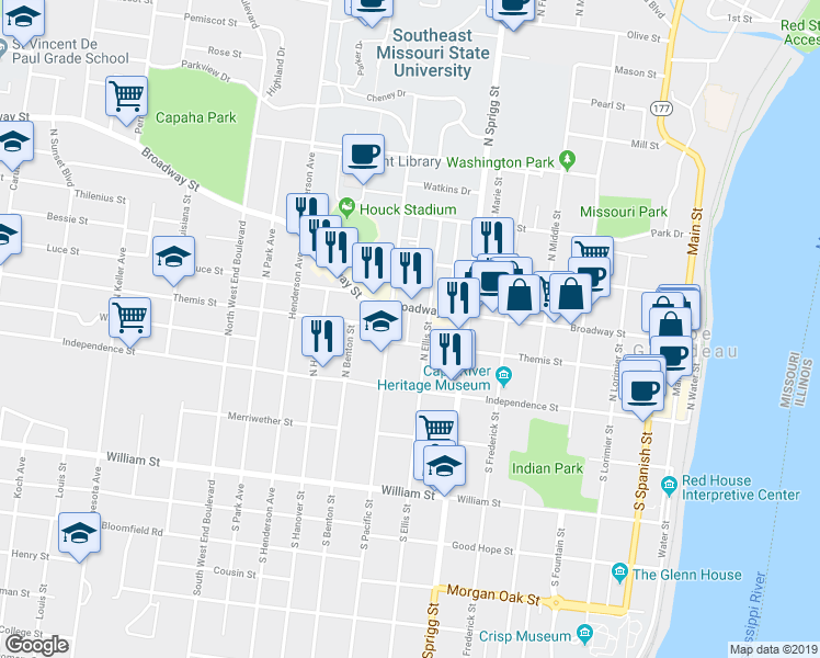 map of restaurants, bars, coffee shops, grocery stores, and more near 818 Themis Street in Cape Girardeau