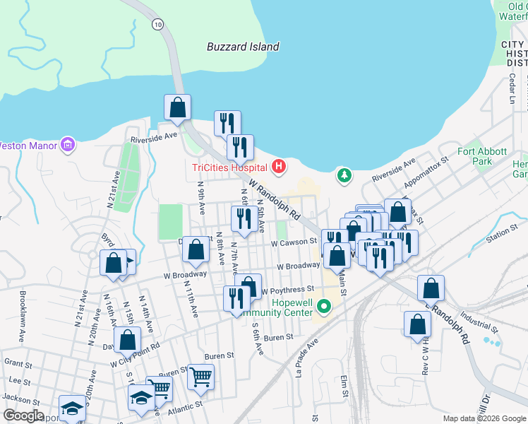 map of restaurants, bars, coffee shops, grocery stores, and more near 507 North 5th Avenue in Hopewell