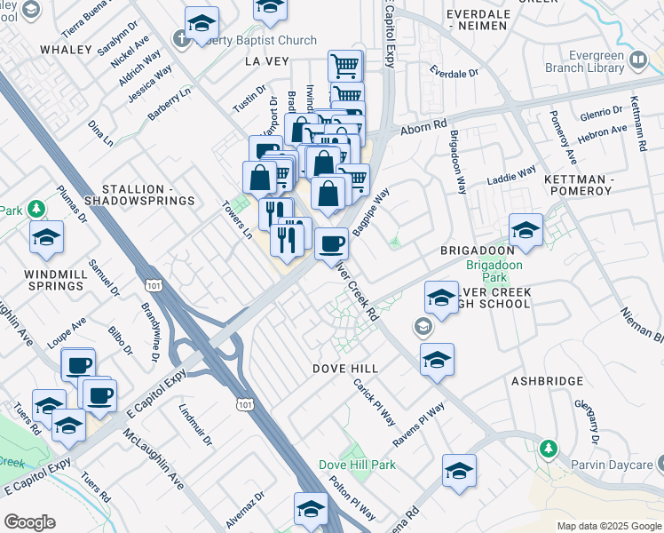 map of restaurants, bars, coffee shops, grocery stores, and more near 1666 Capitol Expressway in San Jose