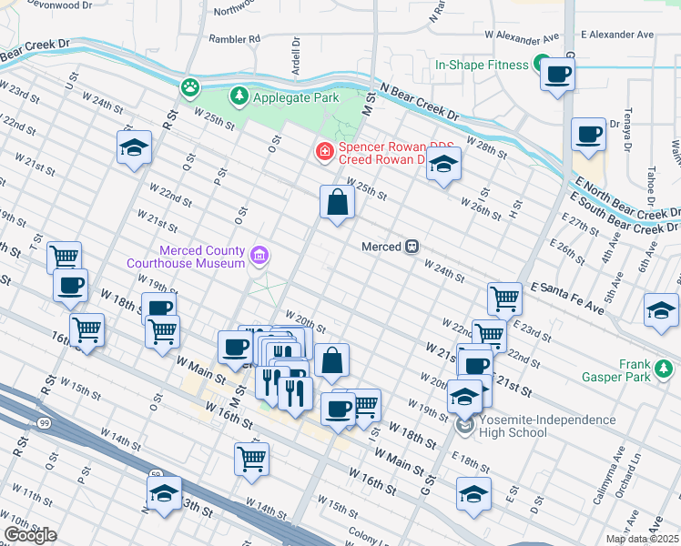 map of restaurants, bars, coffee shops, grocery stores, and more near 457 West 22nd Street in Merced