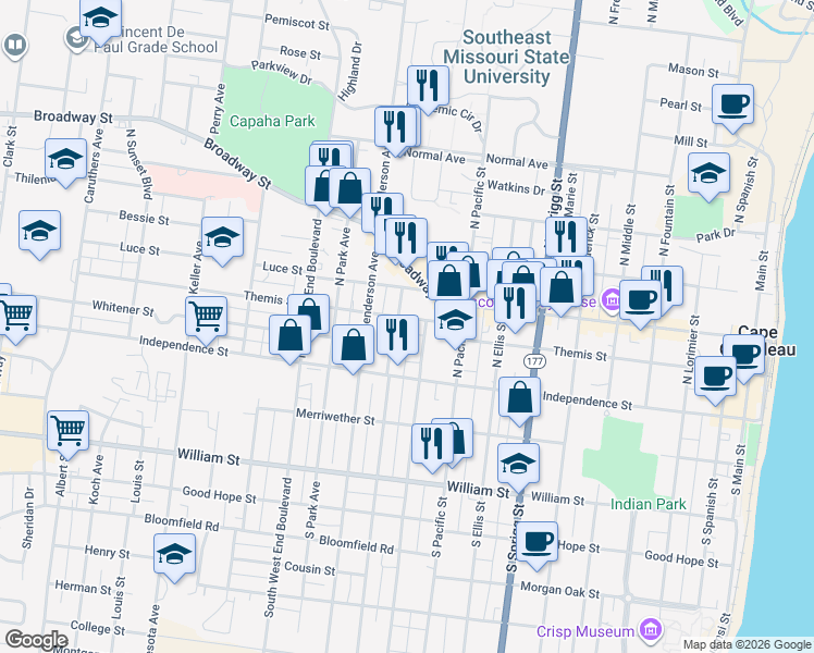 map of restaurants, bars, coffee shops, grocery stores, and more near 1008 Themis Street in Cape Girardeau