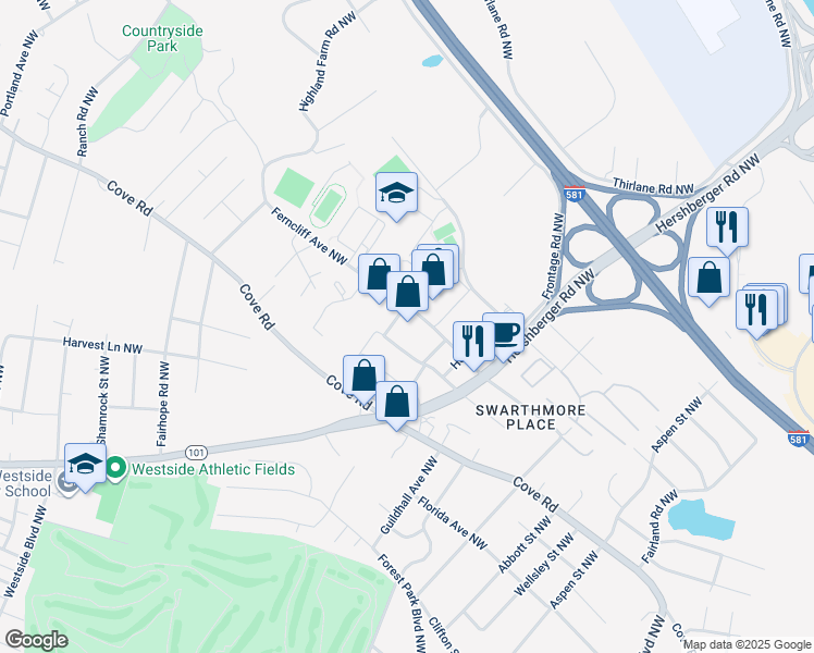 map of restaurants, bars, coffee shops, grocery stores, and more near 3550 Ferncliff Avenue Northwest in Roanoke