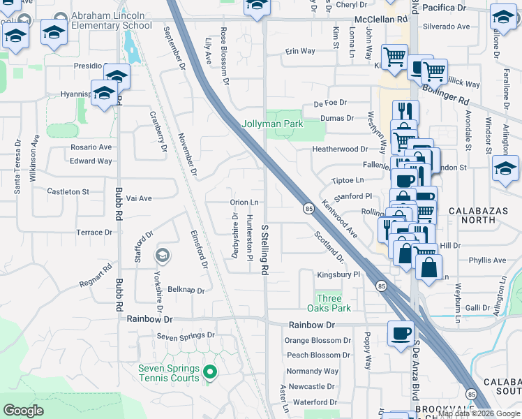 map of restaurants, bars, coffee shops, grocery stores, and more near 1087 South Stelling Road in Cupertino