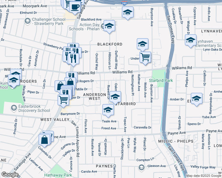 map of restaurants, bars, coffee shops, grocery stores, and more near 1075 Roewill Drive in San Jose