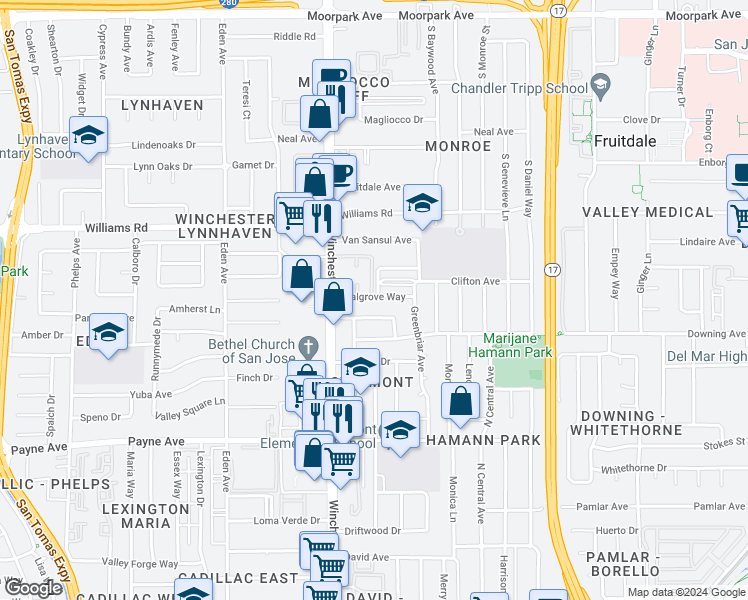 map of restaurants, bars, coffee shops, grocery stores, and more near 3038 Walgrove Way in San Jose