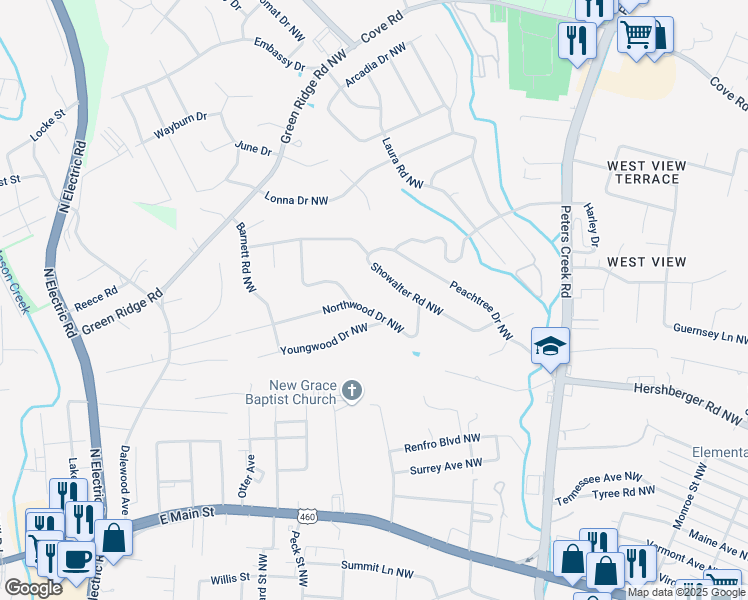 map of restaurants, bars, coffee shops, grocery stores, and more near 4826 Showalter Road Northwest in Roanoke