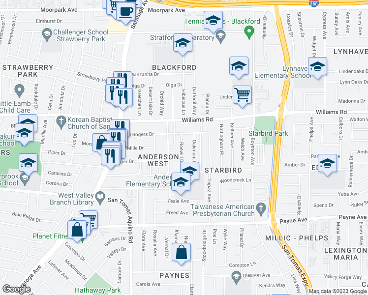 map of restaurants, bars, coffee shops, grocery stores, and more near 1088 Roewill Drive in San Jose