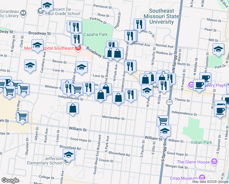 map of restaurants, bars, coffee shops, grocery stores, and more near 49 North Park Avenue in Cape Girardeau
