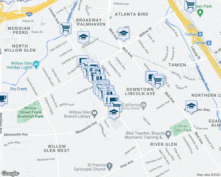 map of restaurants, bars, coffee shops, grocery stores, and more near 1262 Blewett Avenue in San Jose