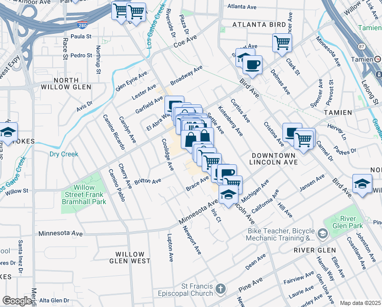 map of restaurants, bars, coffee shops, grocery stores, and more near 1116 Meredith Avenue in San Jose