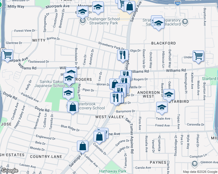 map of restaurants, bars, coffee shops, grocery stores, and more near 4418 Moran Drive in San Jose