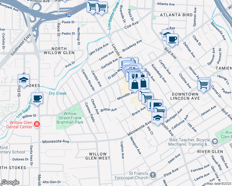 map of restaurants, bars, coffee shops, grocery stores, and more near 1192 Crescent Drive in San Jose