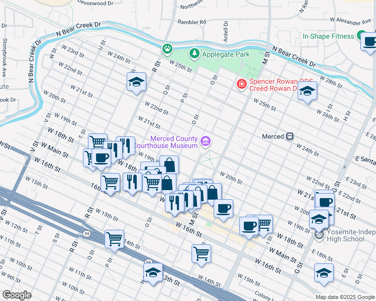 map of restaurants, bars, coffee shops, grocery stores, and more near 2026 O Street in Merced