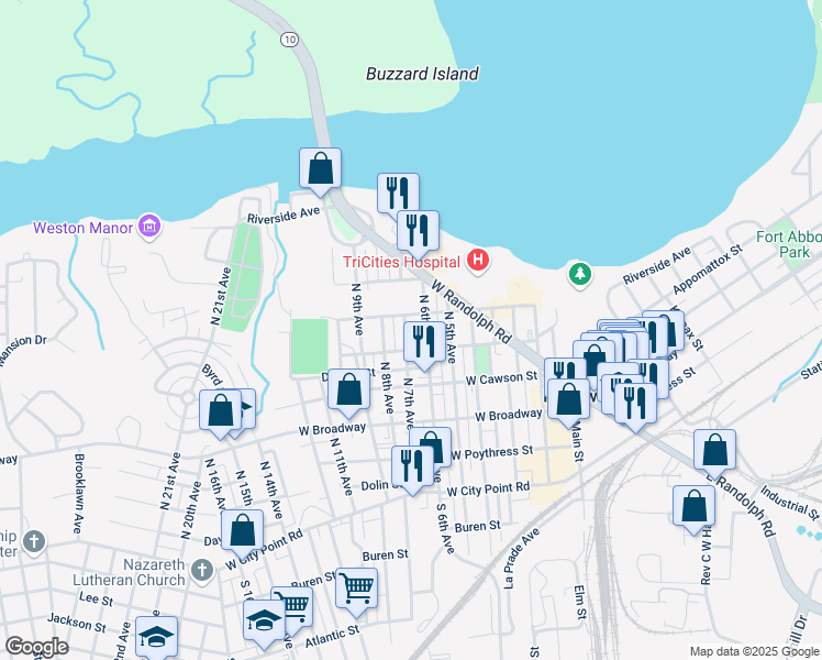 map of restaurants, bars, coffee shops, grocery stores, and more near 602 Eppes Street in Hopewell