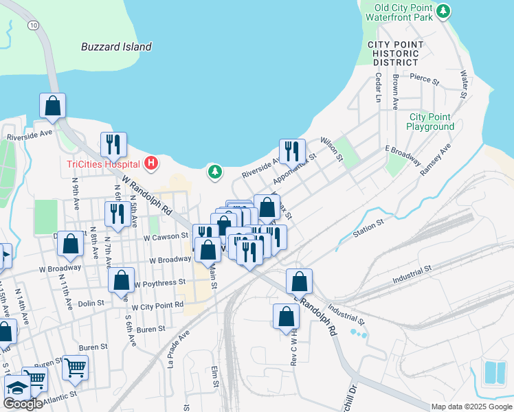 map of restaurants, bars, coffee shops, grocery stores, and more near 311 East Cawson Street in Hopewell