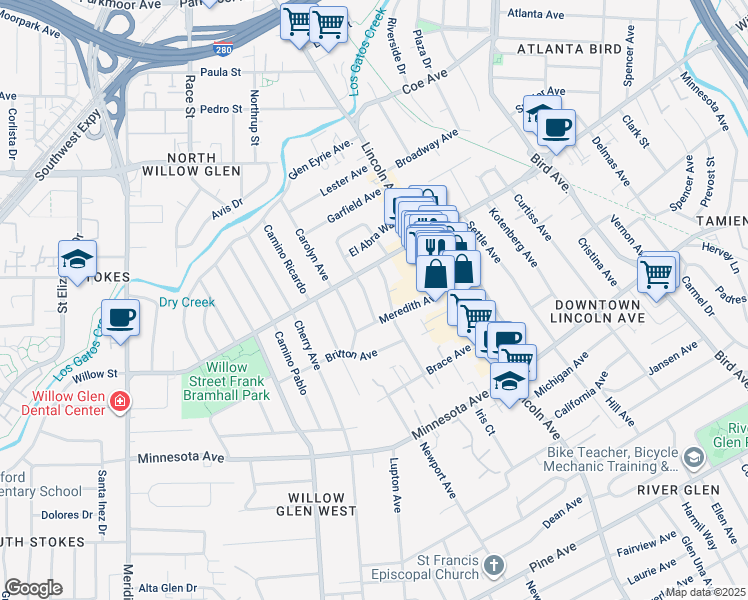 map of restaurants, bars, coffee shops, grocery stores, and more near 1192 Crescent Drive in San Jose