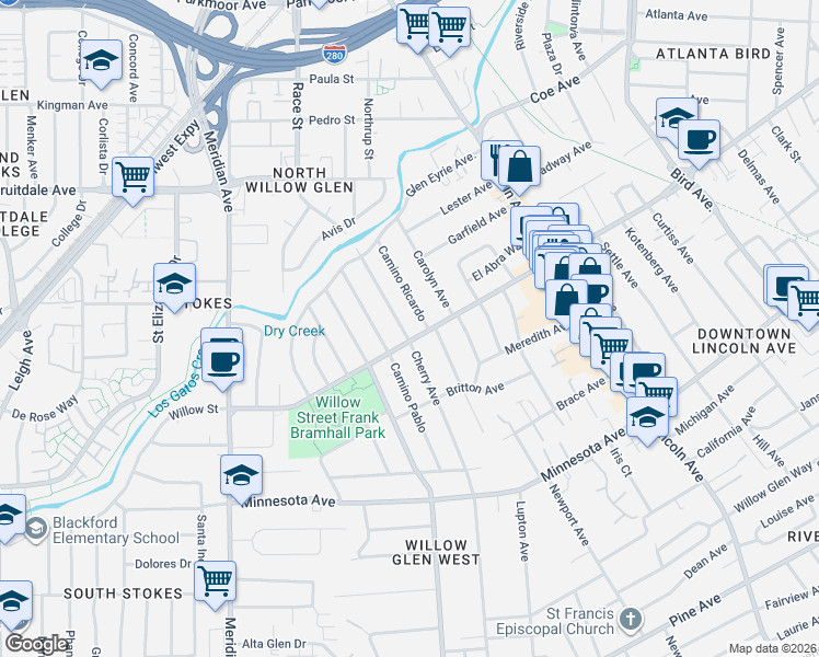 map of restaurants, bars, coffee shops, grocery stores, and more near 1092 Cherry Avenue in San Jose
