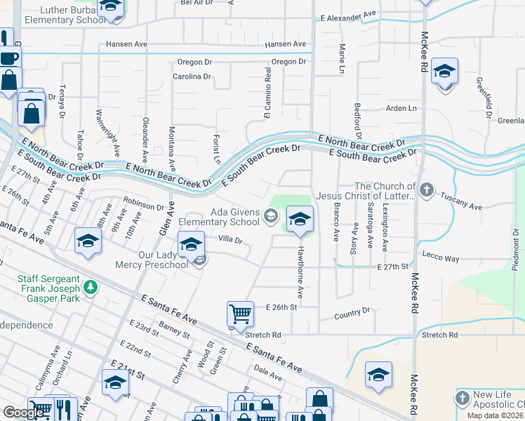 map of restaurants, bars, coffee shops, grocery stores, and more near 1463 Cameron Lane in Merced