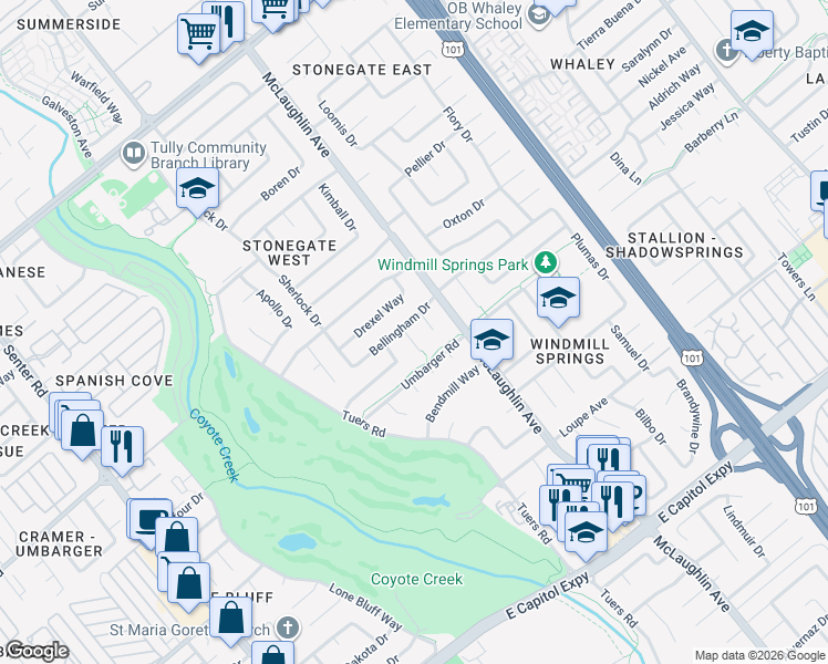 map of restaurants, bars, coffee shops, grocery stores, and more near 2762 Parnell Drive in San Jose