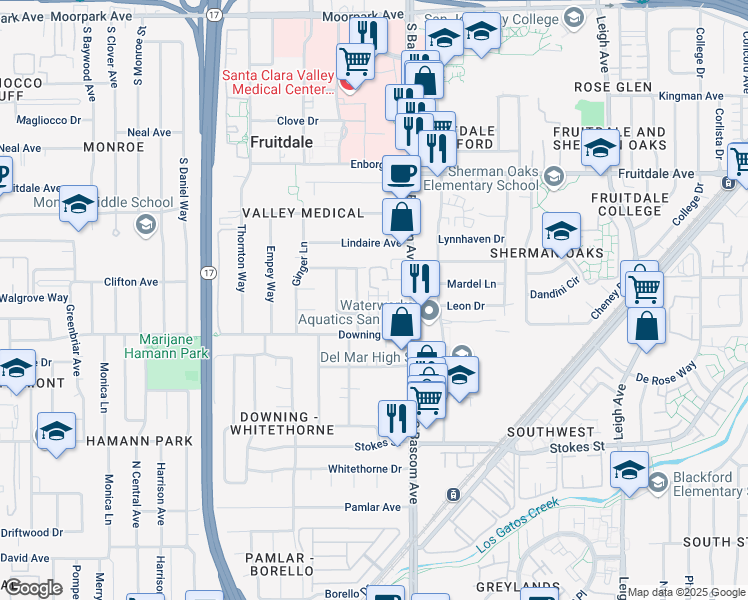 map of restaurants, bars, coffee shops, grocery stores, and more near 1095 Delna Manor Lane in San Jose
