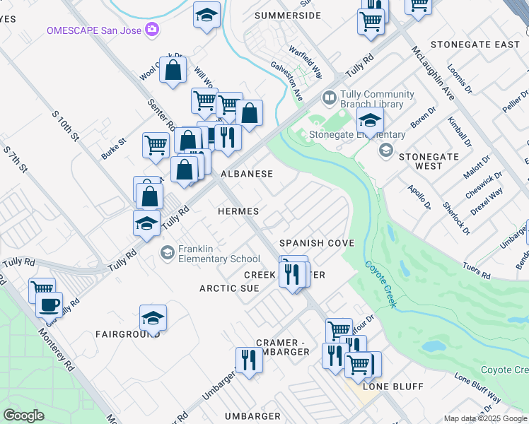 map of restaurants, bars, coffee shops, grocery stores, and more near 616 Hermes Court in San Jose