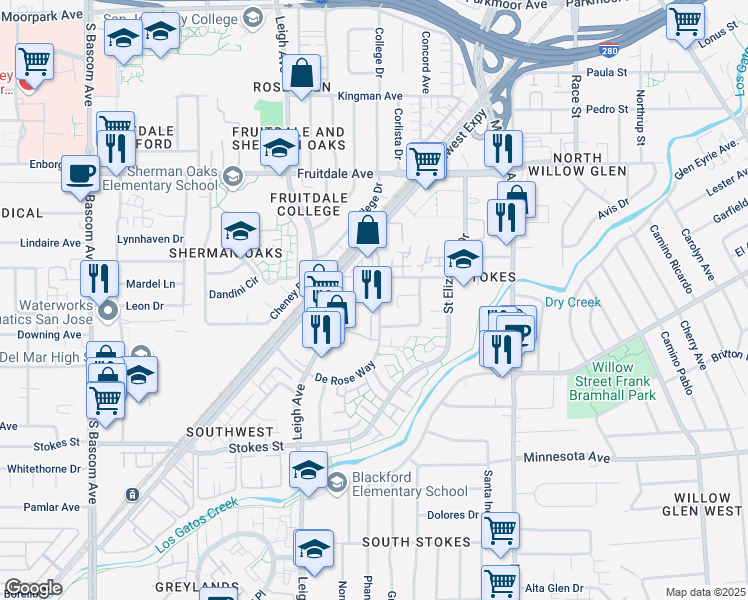map of restaurants, bars, coffee shops, grocery stores, and more near in San Jose