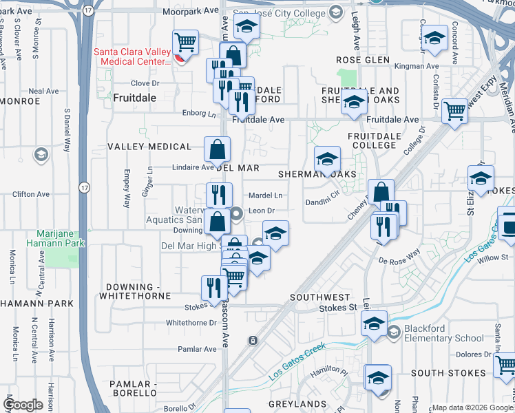 map of restaurants, bars, coffee shops, grocery stores, and more near 2059 Leon Drive in San Jose