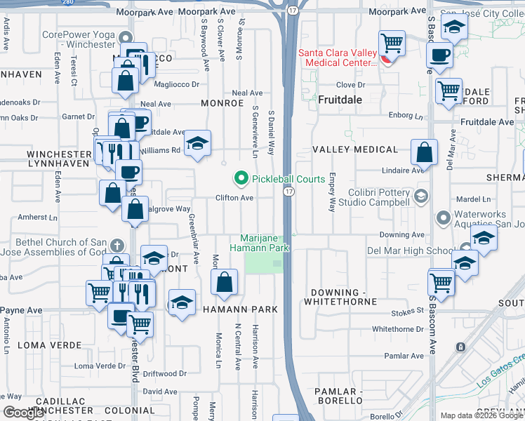 map of restaurants, bars, coffee shops, grocery stores, and more near 1107 South Genevieve Lane in San Jose