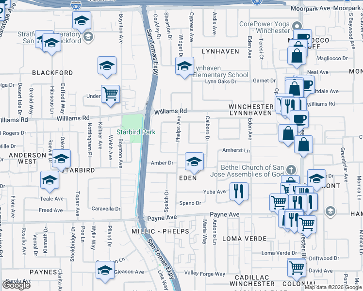 map of restaurants, bars, coffee shops, grocery stores, and more near 1055 Woodbine Way in San Jose