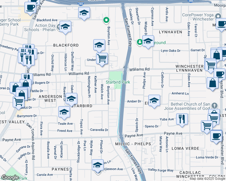 map of restaurants, bars, coffee shops, grocery stores, and more near 1118 -1130 Starbird Circle in San Jose