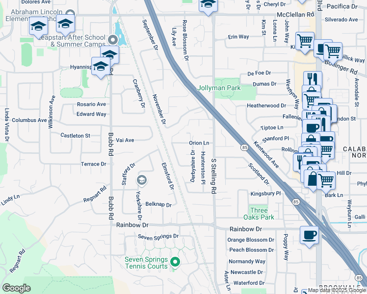 map of restaurants, bars, coffee shops, grocery stores, and more near 7842 Orion Lane in Cupertino