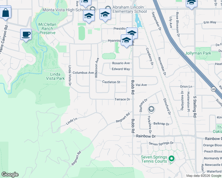map of restaurants, bars, coffee shops, grocery stores, and more near 11128 Sutherland Avenue in Cupertino
