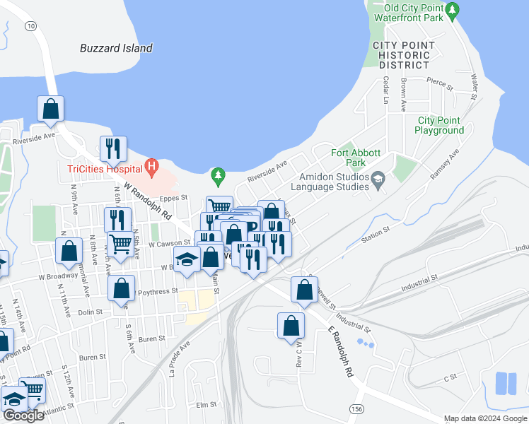 map of restaurants, bars, coffee shops, grocery stores, and more near 315 East Cawson Street in Hopewell