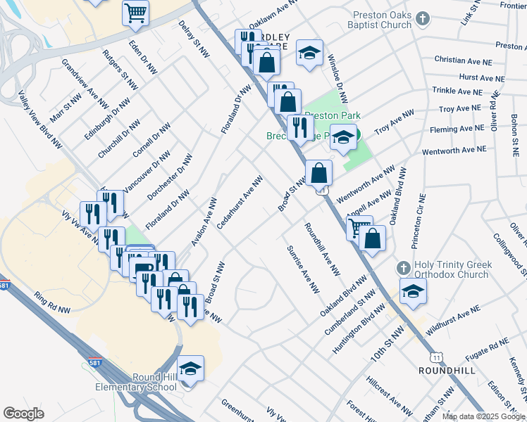 map of restaurants, bars, coffee shops, grocery stores, and more near 2712 Broad St NW in Roanoke