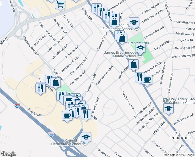 map of restaurants, bars, coffee shops, grocery stores, and more near 2634 Cedarhurst Avenue Northwest in Roanoke