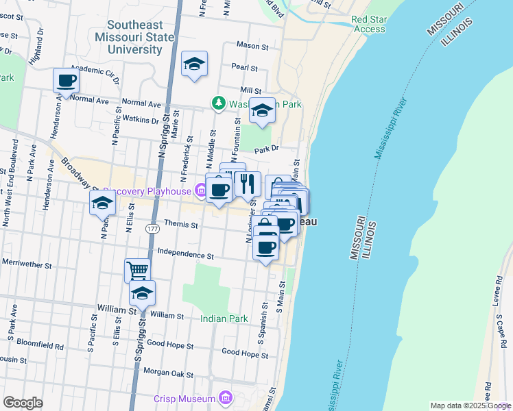 map of restaurants, bars, coffee shops, grocery stores, and more near 232 Broadway Street in Cape Girardeau