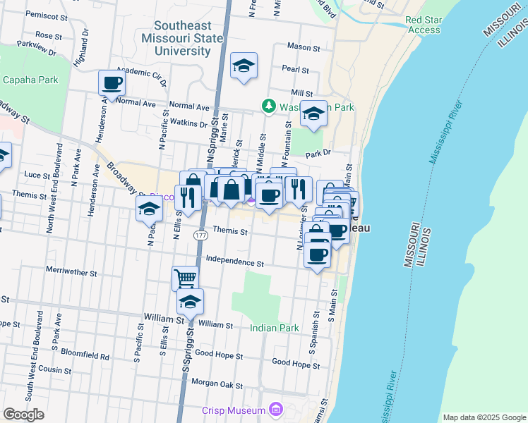 map of restaurants, bars, coffee shops, grocery stores, and more near 420 Broadway Street in Cape Girardeau
