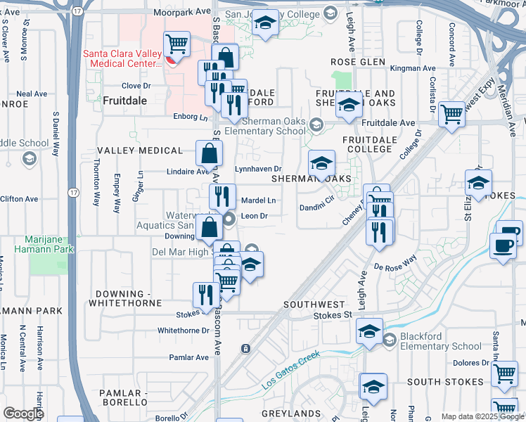 map of restaurants, bars, coffee shops, grocery stores, and more near 2059 Leon Dr in San Jose