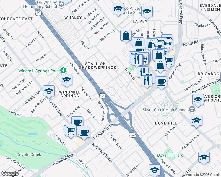 map of restaurants, bars, coffee shops, grocery stores, and more near 3123 Shadow Springs Place in San Jose