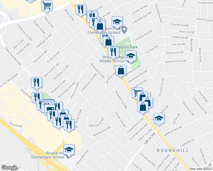 map of restaurants, bars, coffee shops, grocery stores, and more near 3823 Sunrise Ave NW in Roanoke