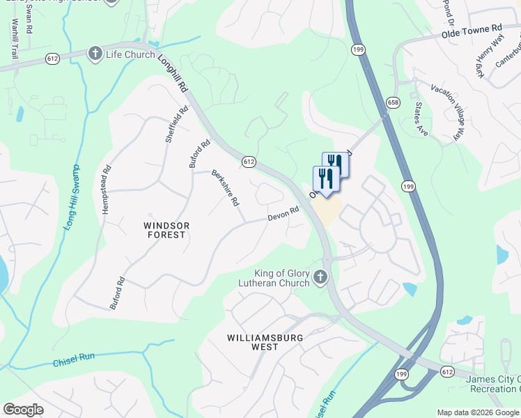 map of restaurants, bars, coffee shops, grocery stores, and more near 142 Seton Hill Road in Williamsburg