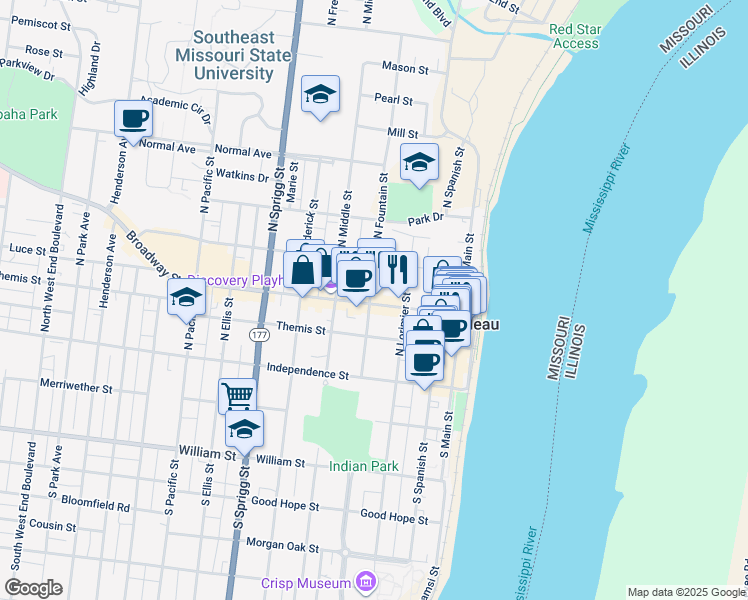 map of restaurants, bars, coffee shops, grocery stores, and more near in Cape Girardeau