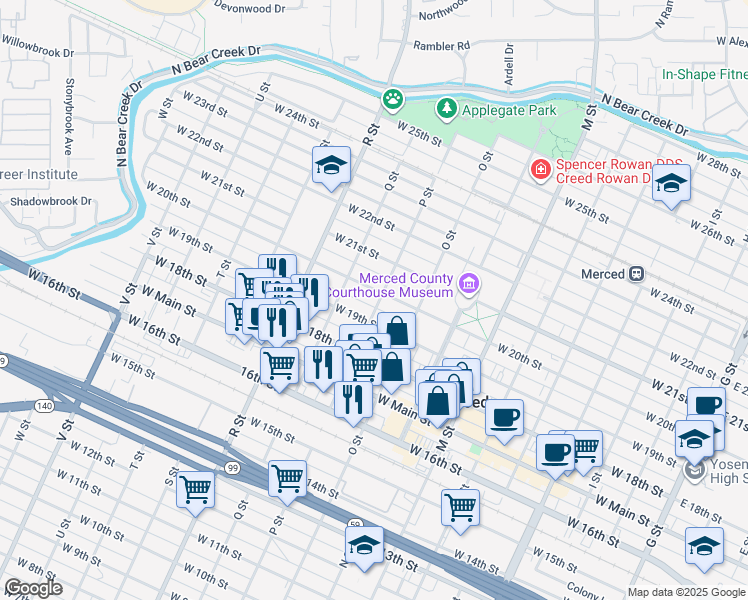 map of restaurants, bars, coffee shops, grocery stores, and more near 902 West 20th Street in Merced